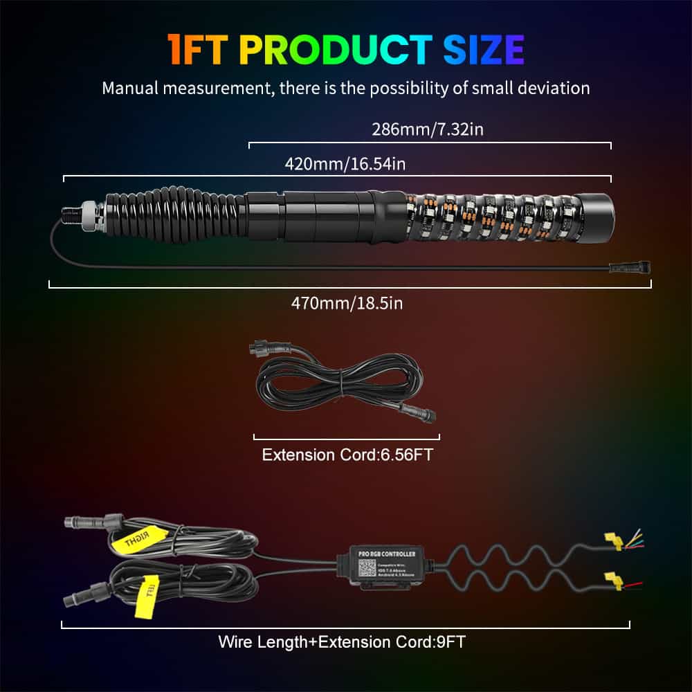 Luces RGBW de látigo de 1 pie, diámetro de 1.5" con montajes de resorte