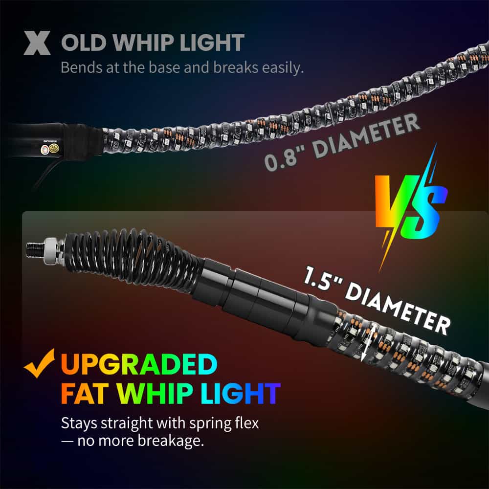 2FT RGBW Peitschenlichter 1,5" Durchmesser mit Federbefestigungen