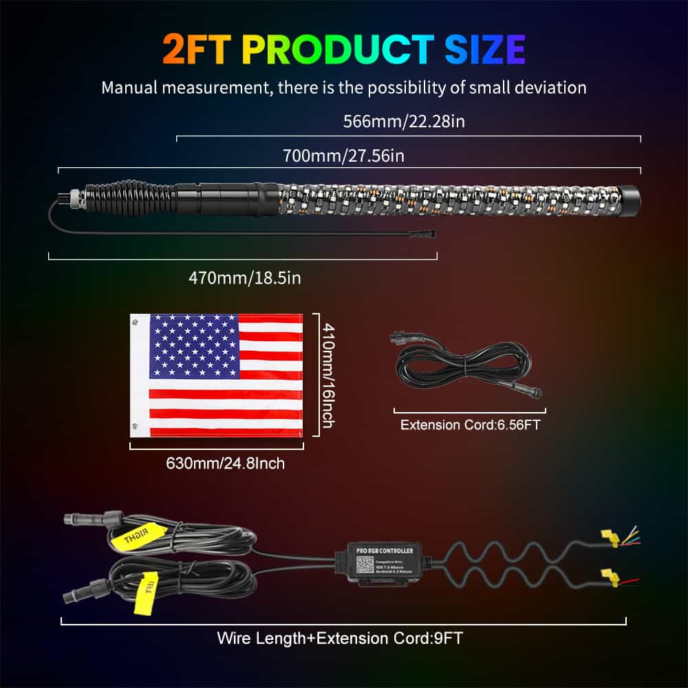 Luces RGBW de látigo de 2 pies, diámetro de 1.5" con montajes de resorte