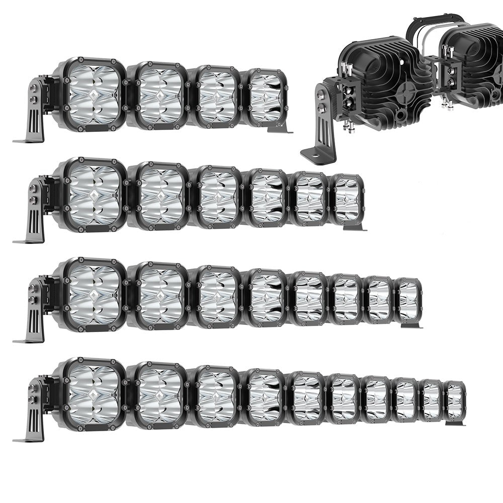 A set of COLIGHT 27-inch Cube4 Series LED square driving linkable light bars in black, with multiple units arranged in different configurations to showcase the modular design.
