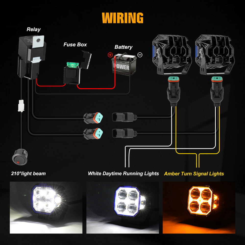 3inch Diamond Series Side Shooter Ditch Lights With White&Amber DRL