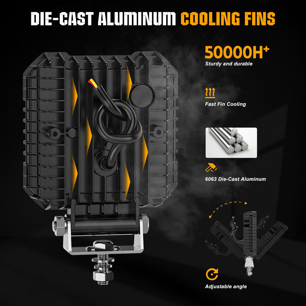 مصباح عمل LED مربع من سلسلة DX مقاس 4 بوصات مع شعاع أبيض مع ضوء نهاري كهرماني