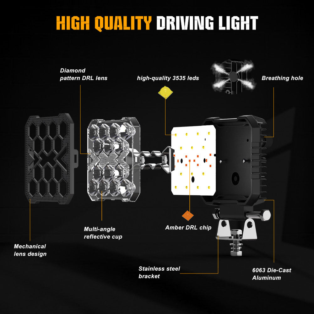 مصباح عمل LED مربع من سلسلة DX مقاس 4 بوصات مع شعاع أبيض مع ضوء نهاري كهرماني