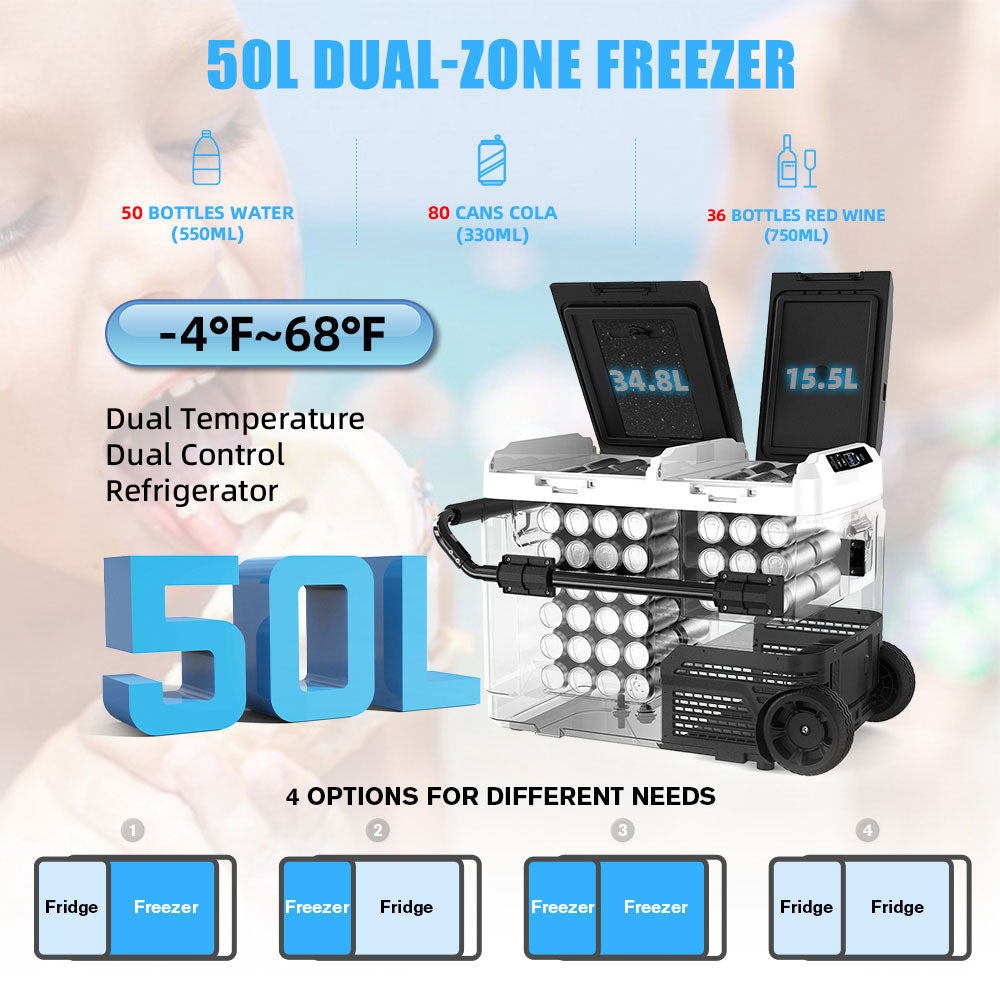 Réfrigérateur portable à double zone 50L avec batterie 12V pour voiture