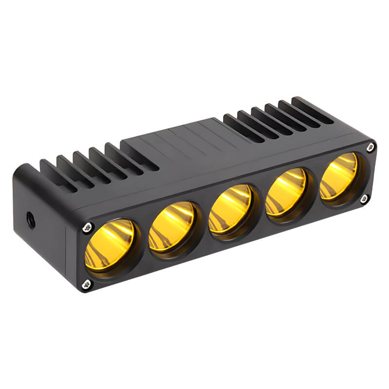 Black light bar with four yellow lights on a white background