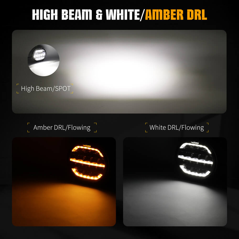 Car headlights showing high beam, white DRL, and amber DRL