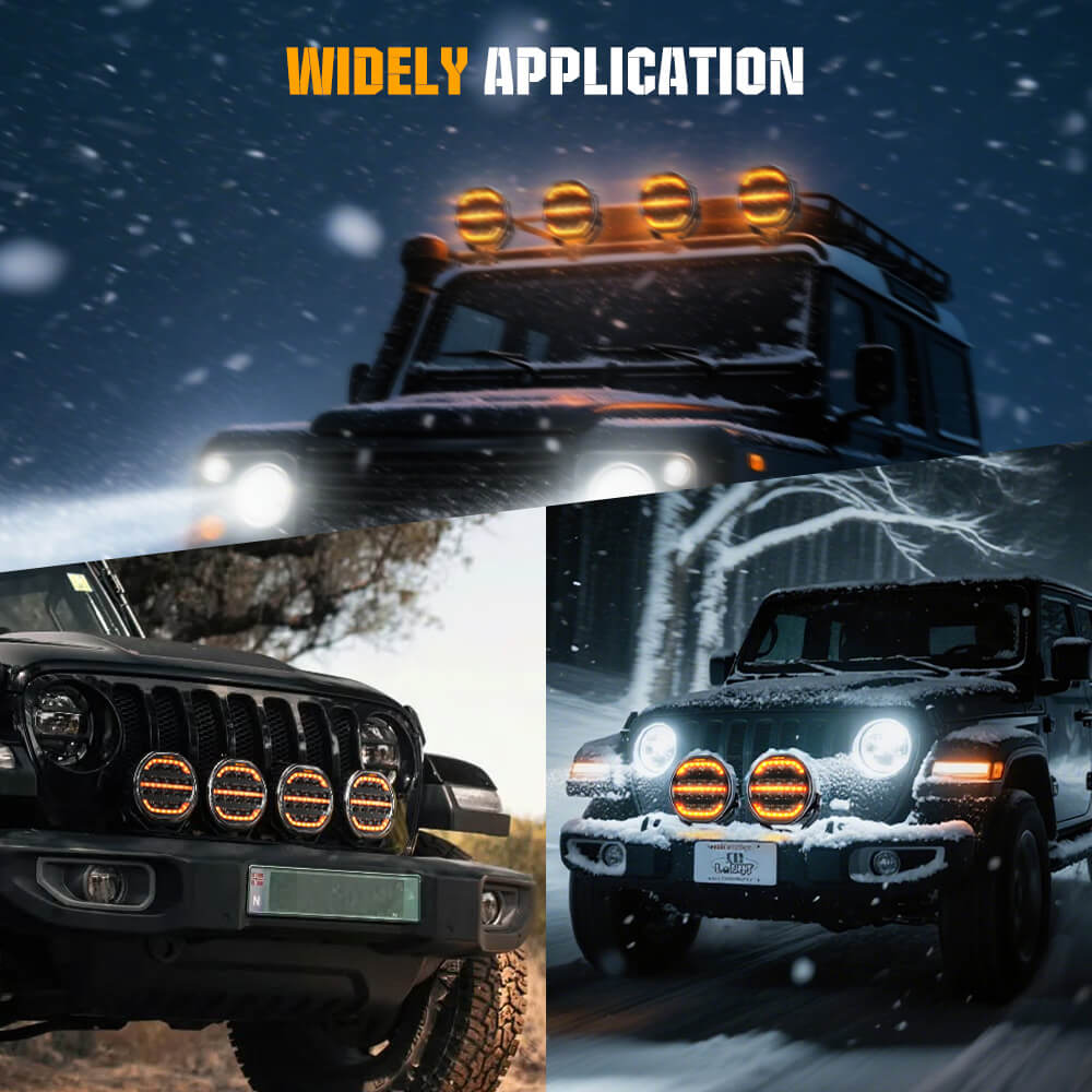 Off-road vehicle with lights in various conditions, including snow and forest.