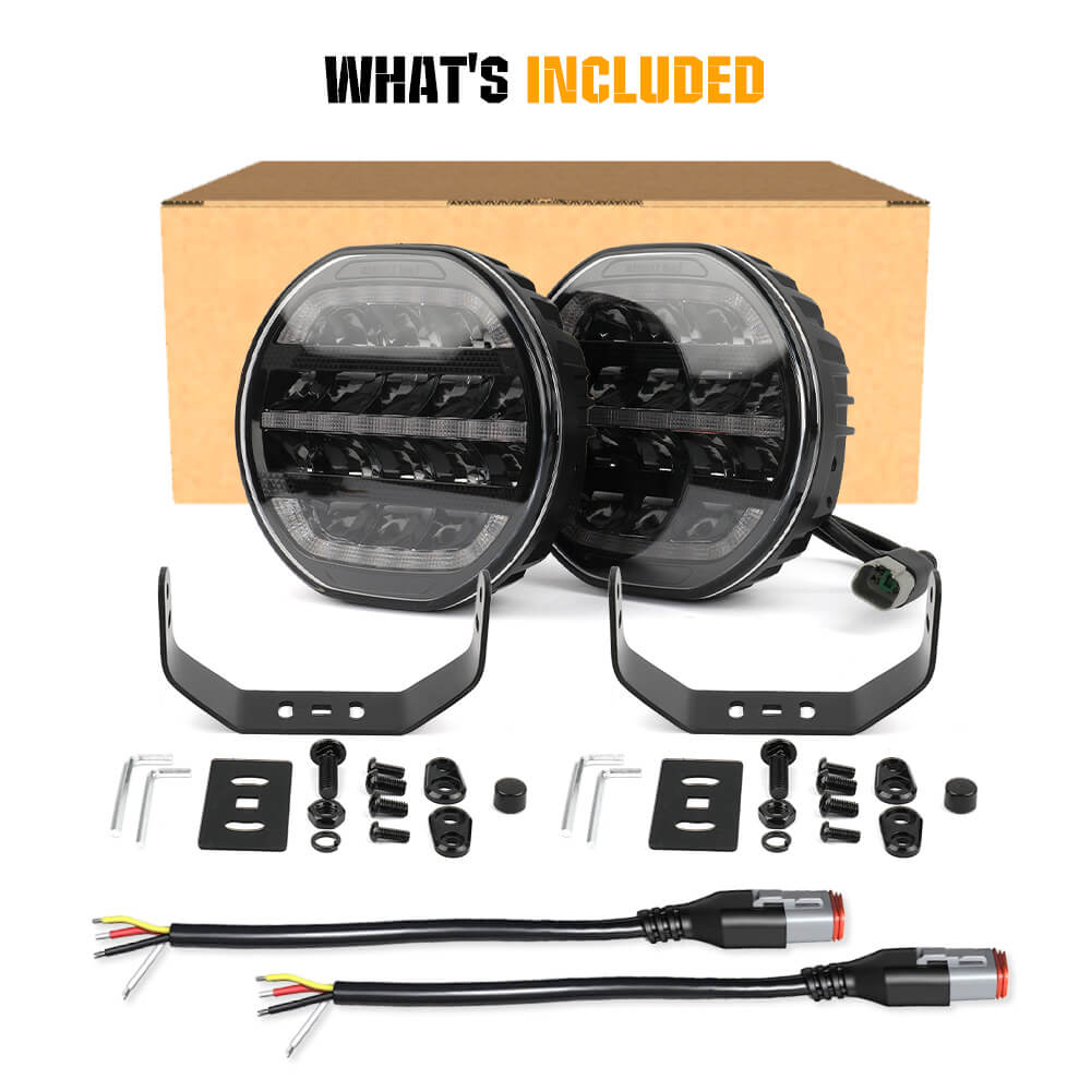 Car fog light kit with components and wiring on a white background