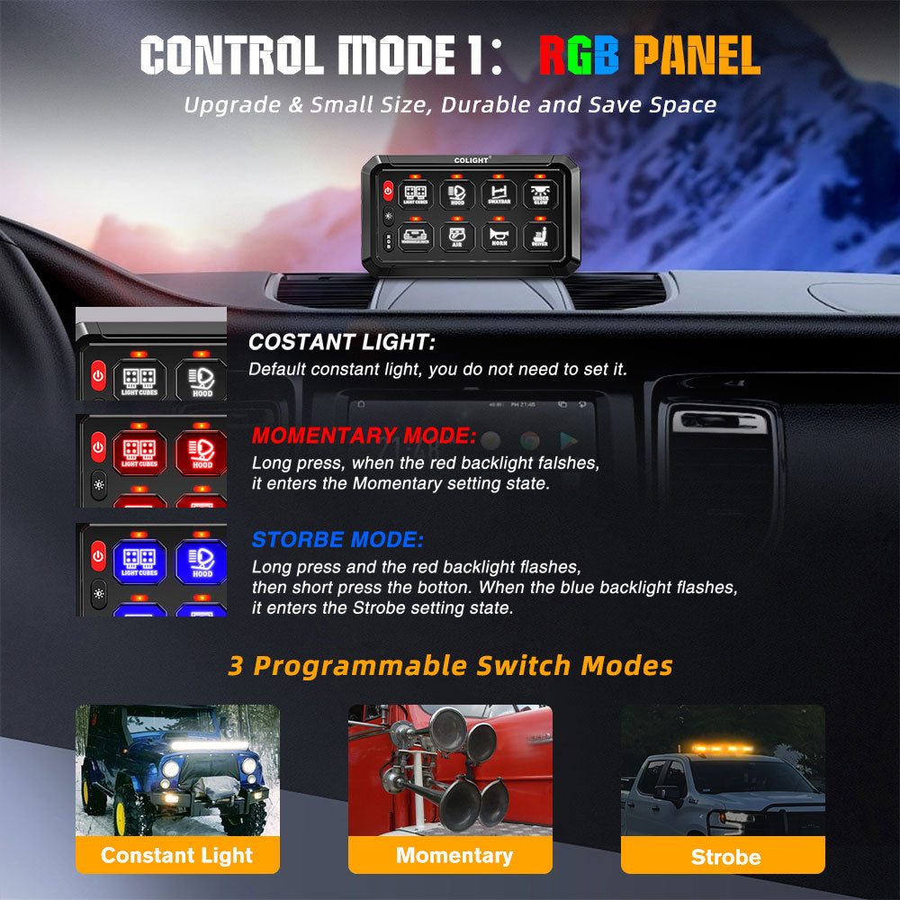 Nuevo sistema de panel de interruptores RGB de 8 bandas con cable ACC y control por aplicación