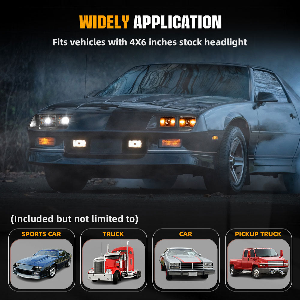 New 4x6inch Sealed Beam DOT Approved Led Headlights - White/Yellow DRL (Kit/4pcs)