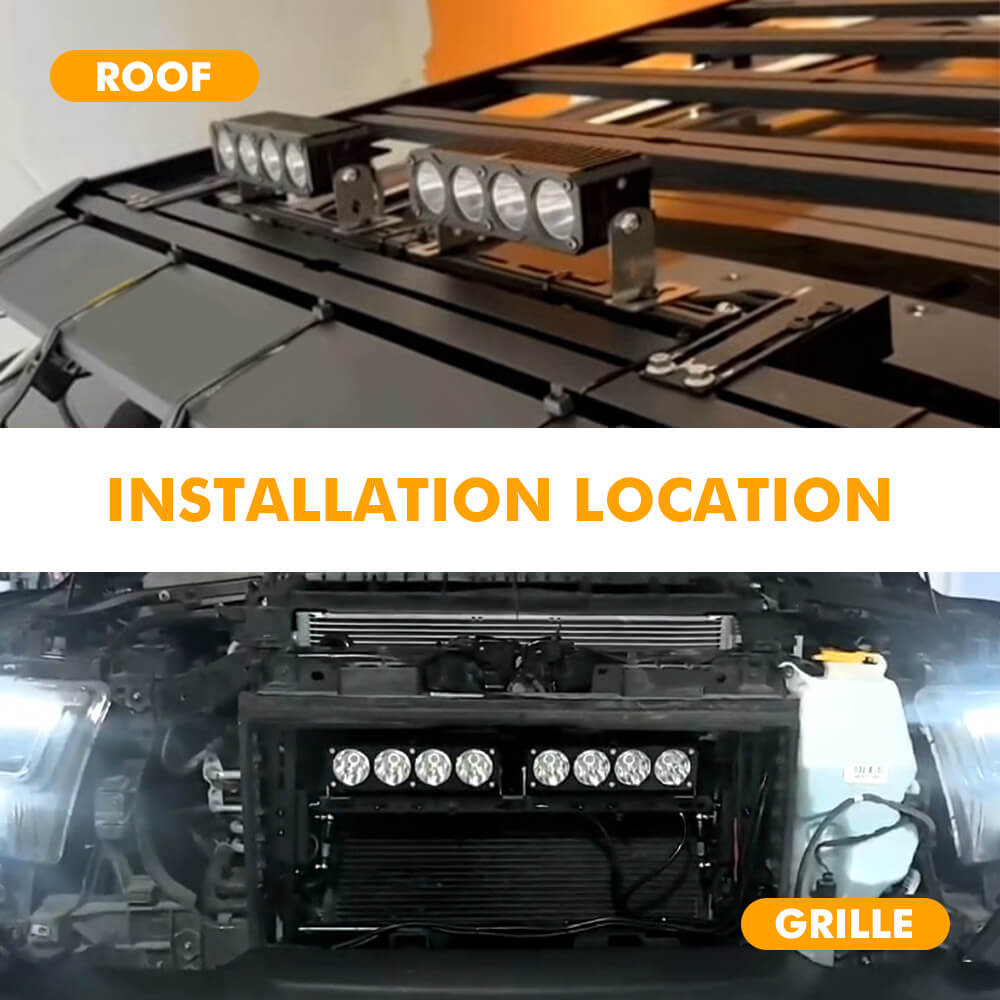 Car roof and grille with Motorized Flip Mount System for Light Bars, labeled 'Installation Location'.