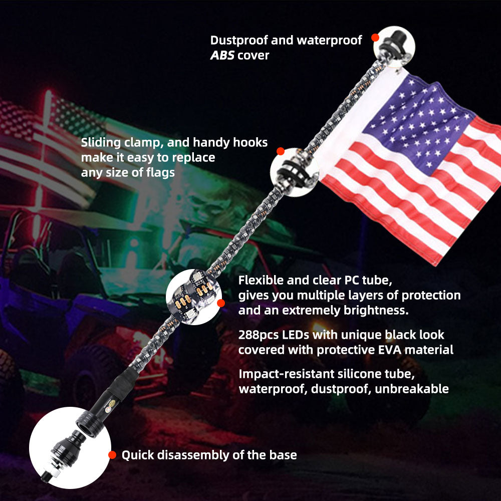 3FT RGB Led Flag Whip Light Chasing Light With RF Wireless Controllor