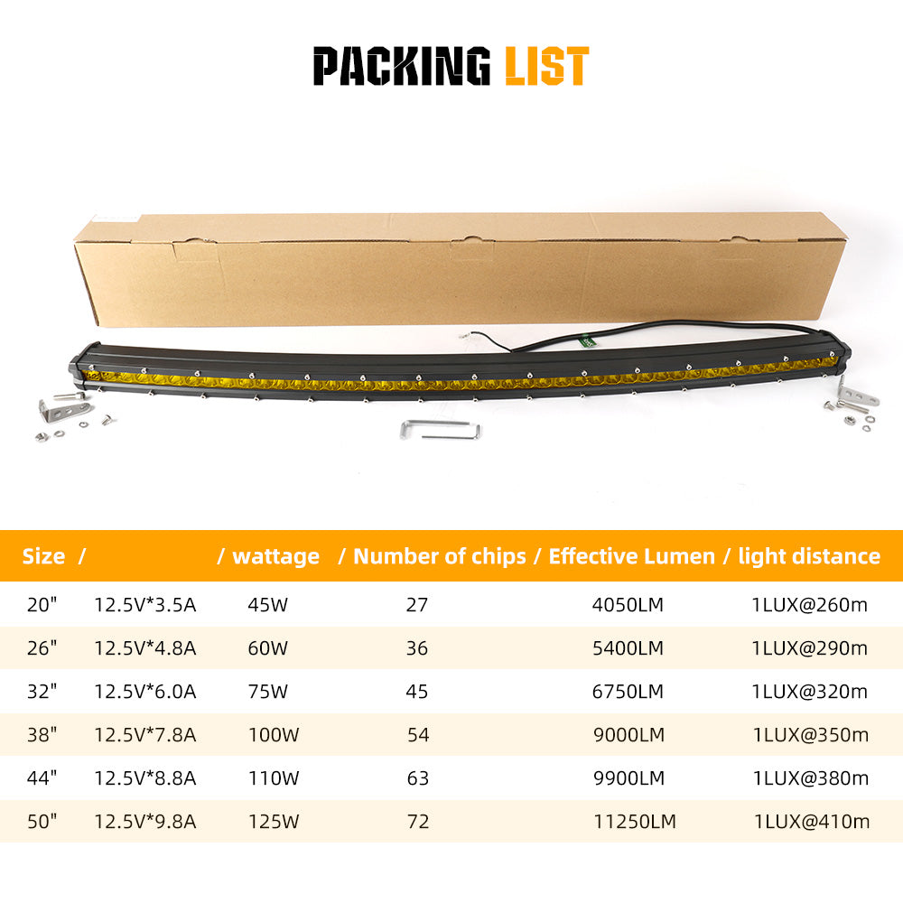 50inch Curved Yellow Beam G10 Series 144W Slim Single Row Light Bar