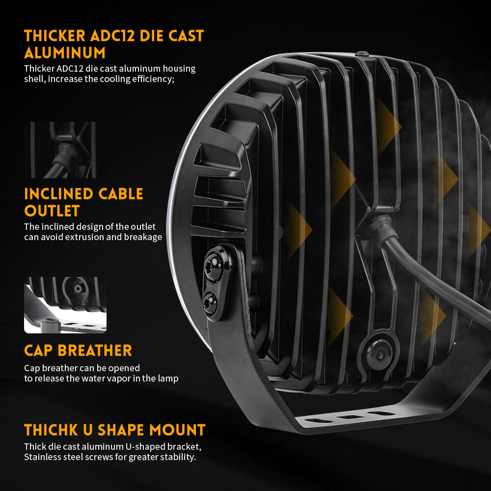 Black die-cast aluminum cooling fan with features highlighted on a dark background