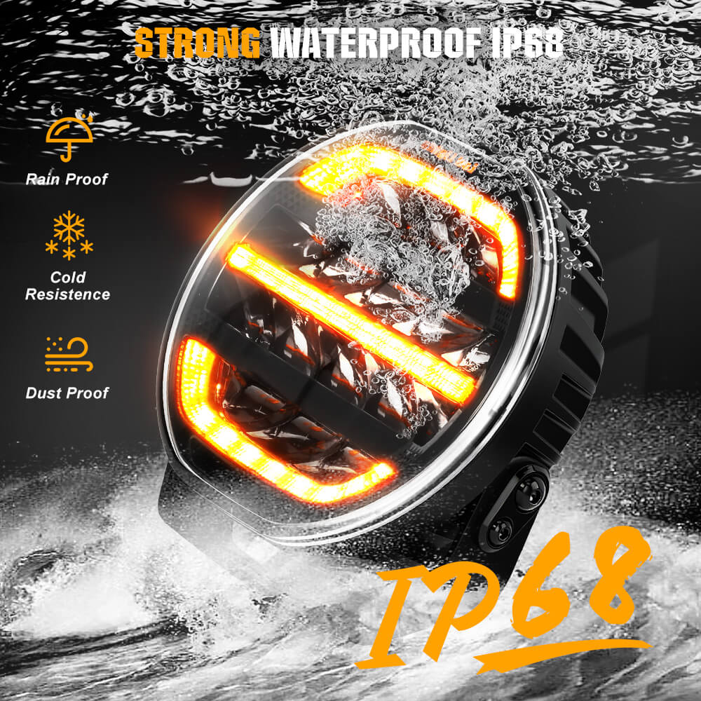 Truck driving light with water splashes and waterproof certification text on a dark background