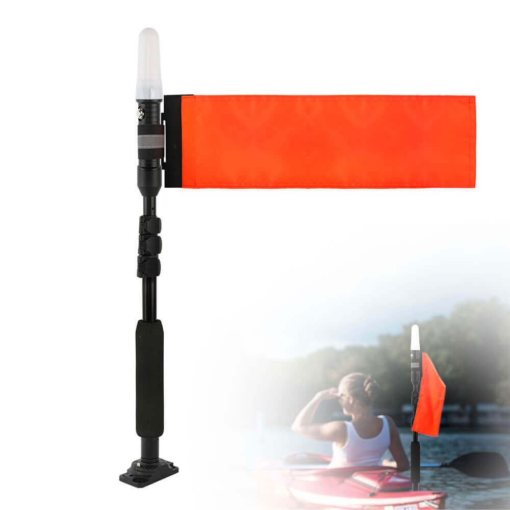 Kajak-Sicherheitslicht Orange Flagge mit ausziehbarer Stange - 360° weißes Licht