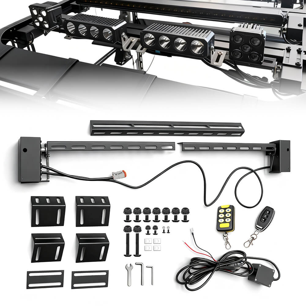 Car roof rack motorized flip mount systemfor light bar on a white background