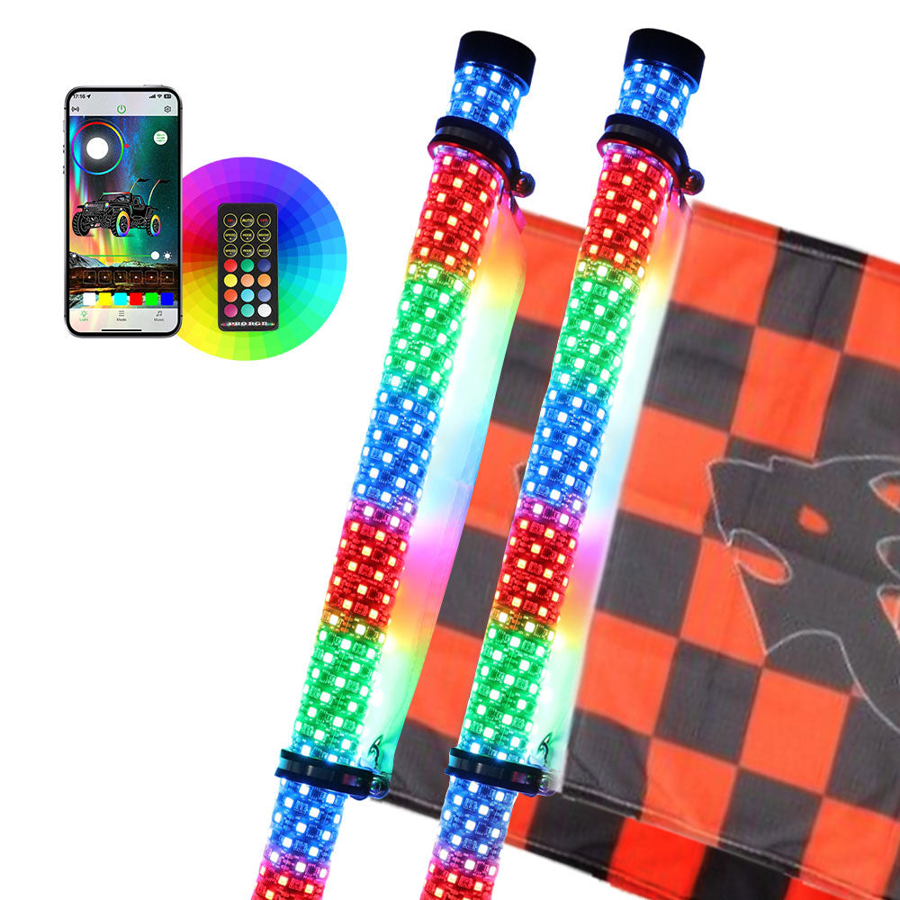 Luces RGBW de látigo de 3 pies, diámetro de 1.75" con aplicación y control remoto
