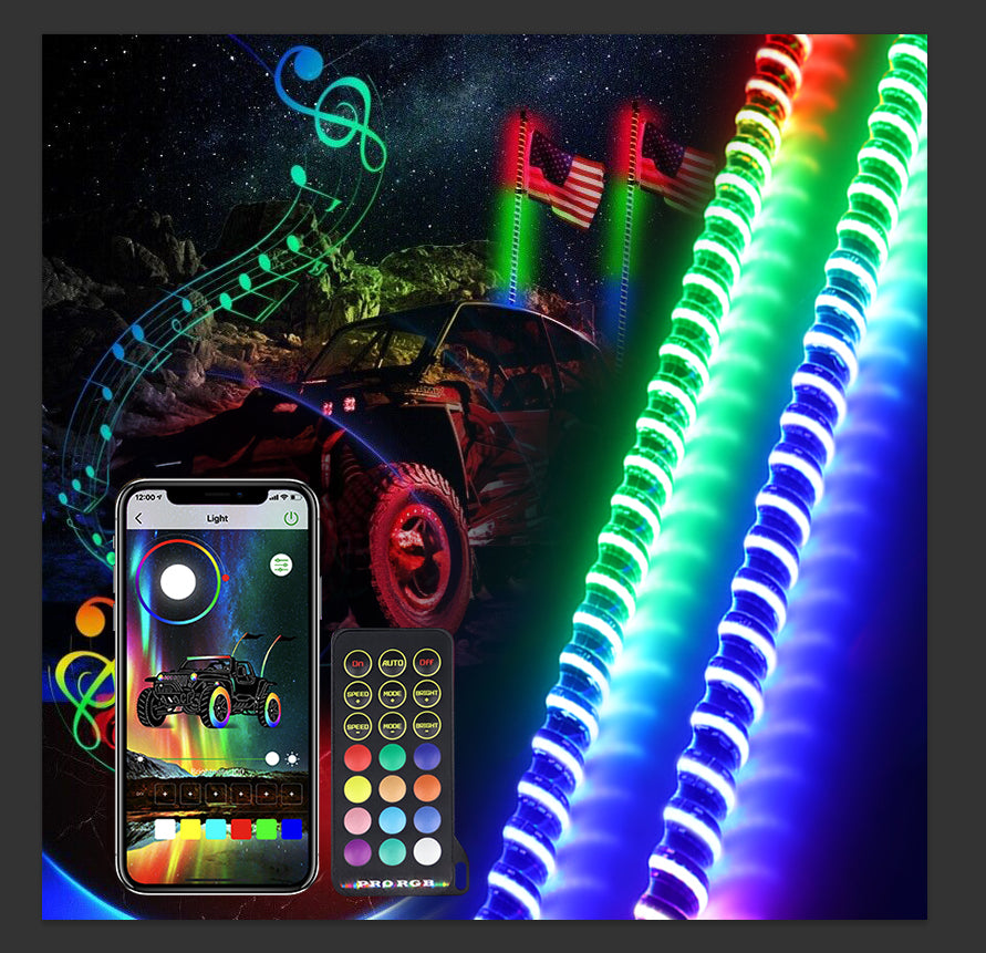 Lumières spirales LED fouet 3FT diamètre 0,75" avec application + télécommande