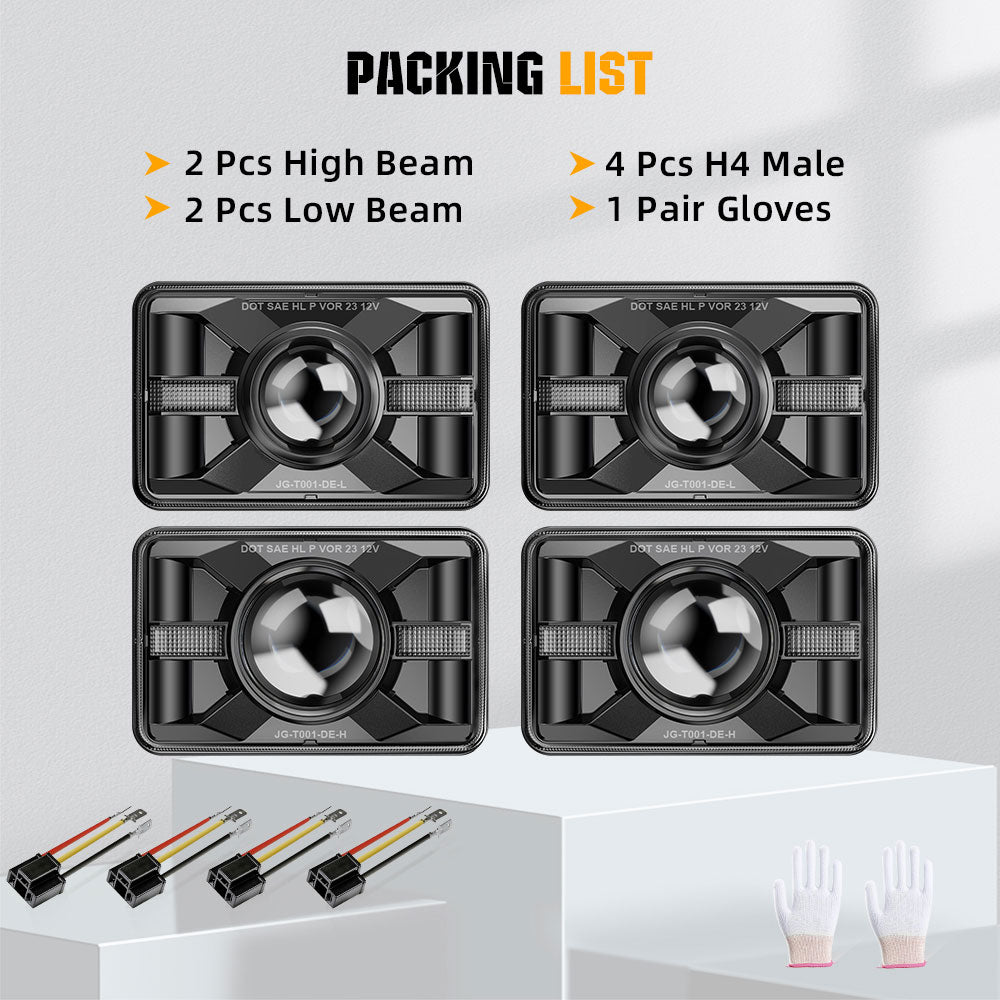 New 4x6inch Sealed Beam DOT Approved Led Headlights - White/Yellow DRL (Kit/4pcs)