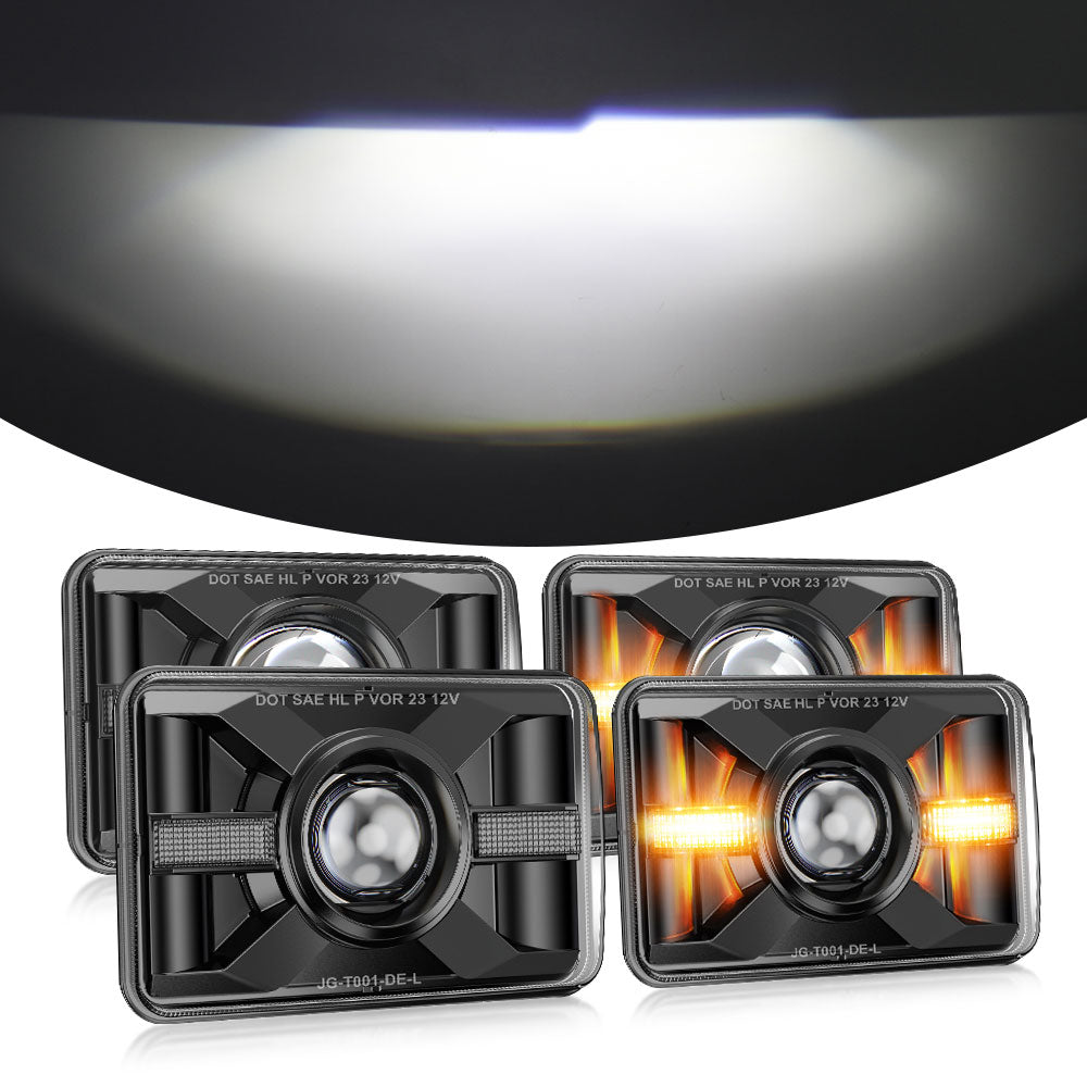 New 4x6inch Sealed Beam DOT Approved Led Headlights - White/Yellow DRL (Kit/4pcs)