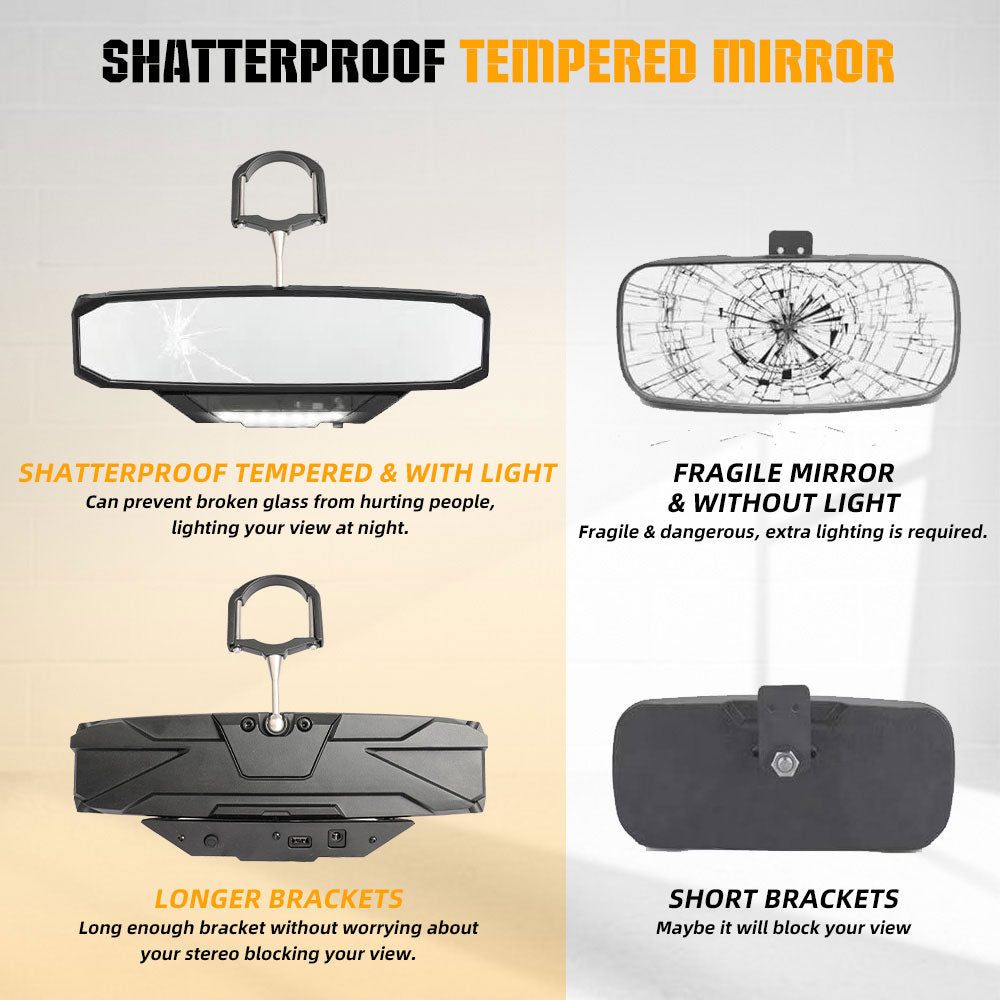 Universal 12" UTV Rear View Center Mirror With Dome Light For 1.5-2" Roll Bar