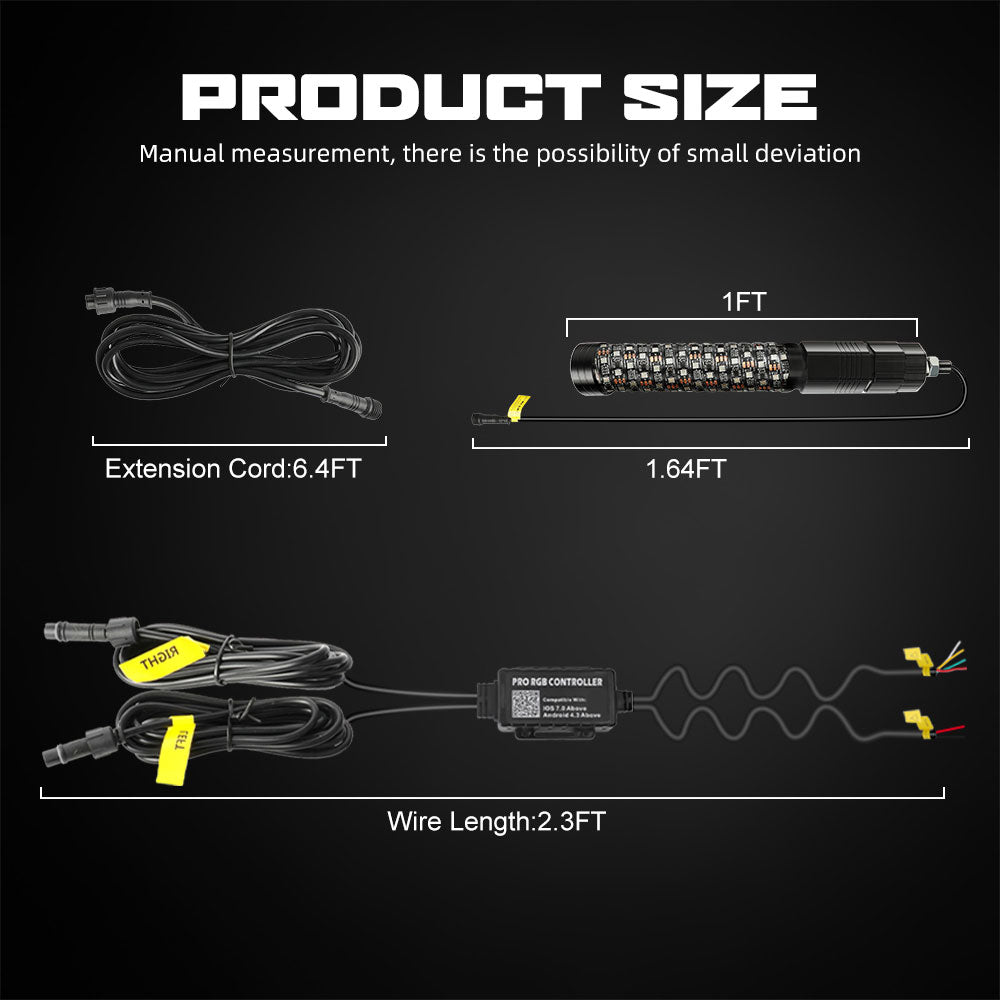 New 1FT Fatter RGBW Whip Lights With Bluetooth APP+Remote Control