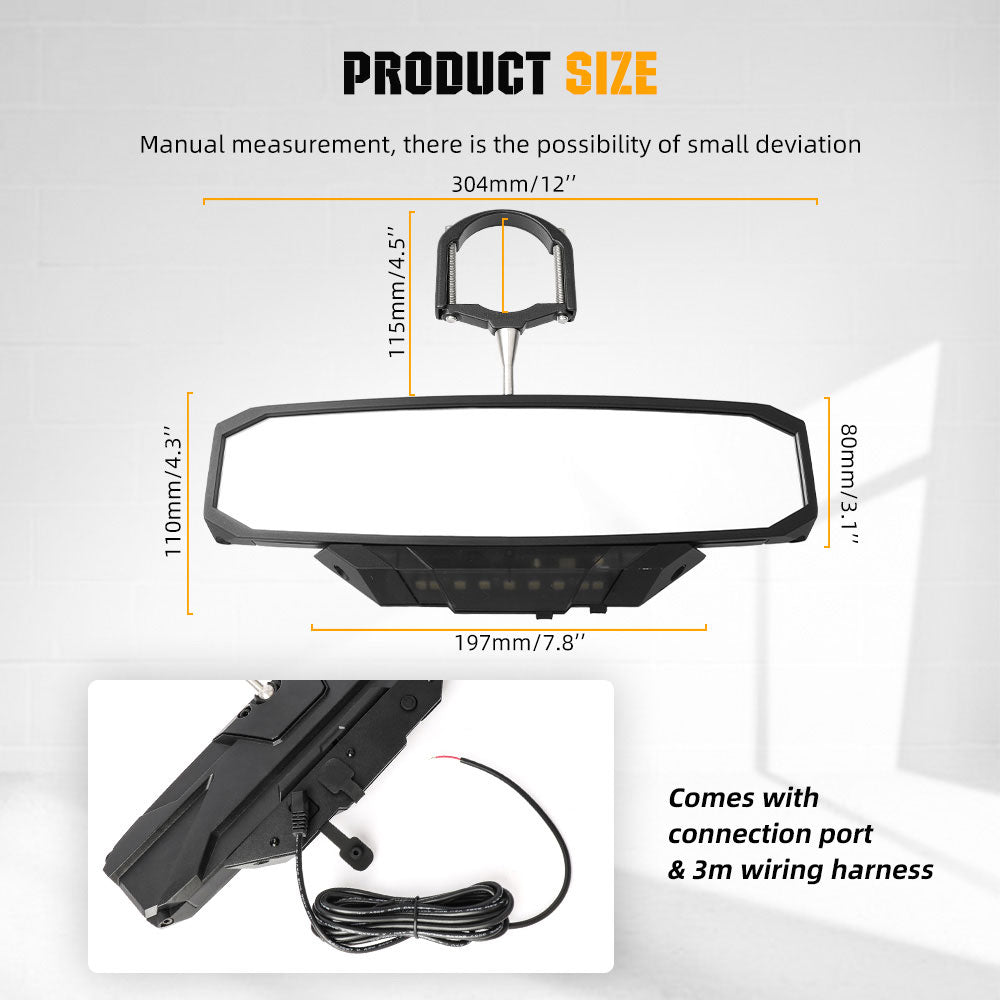 Universal 12" UTV Rear View Center Mirror With Dome Light For 1.5-2" Roll Bar