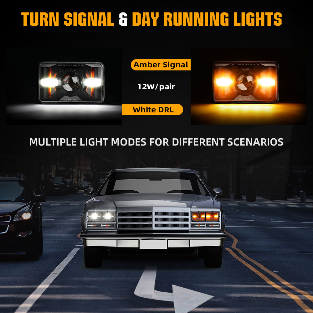 New 4x6inch Sealed Beam DOT Approved Led Headlights - White/Yellow DRL (Kit/4pcs)