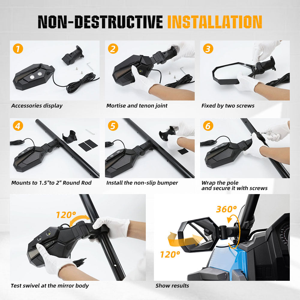 UTV Side View Mirrors With Amber Turn Signal Lights For 1.5-2 inch Rollbar