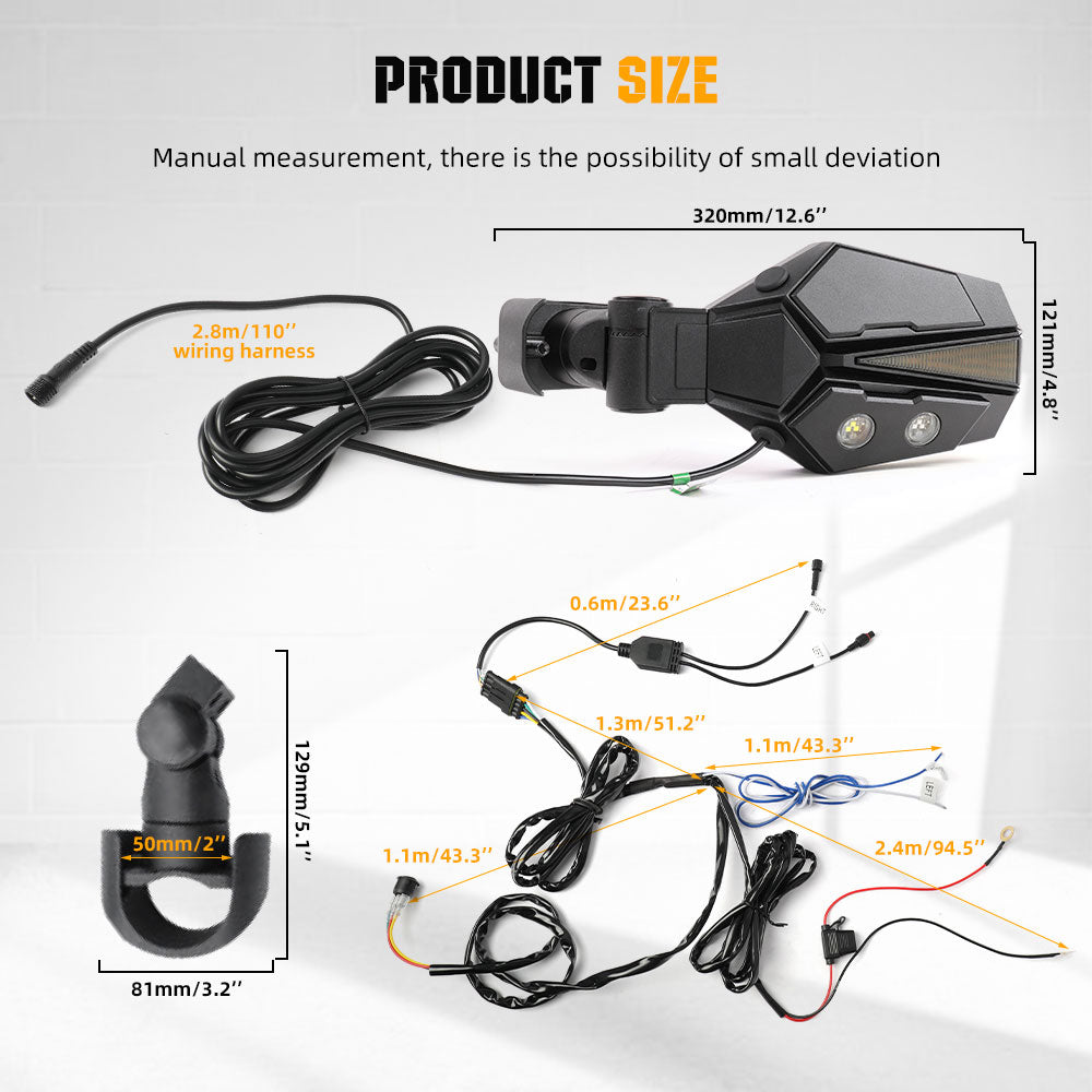 UTV Side View Mirrors With Amber Turn Signal Lights For 1.5-2 inch Rollbar