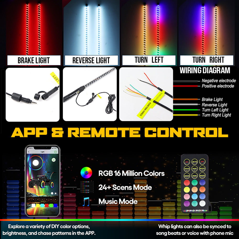 Newest 3FT Spiral Led Whip Lights With Bluetooth APP+Remote Controllor