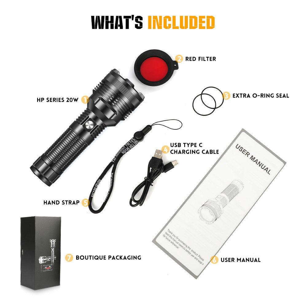 7inch HP Series 20W White Laser LEP Flashlight With Red Filter