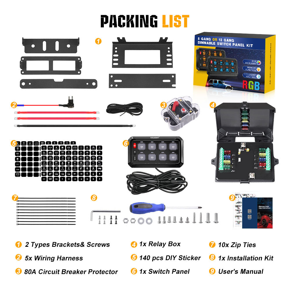 Nuevo sistema de panel de interruptores RGB de 8 bandas con cable ACC y control por aplicación 
