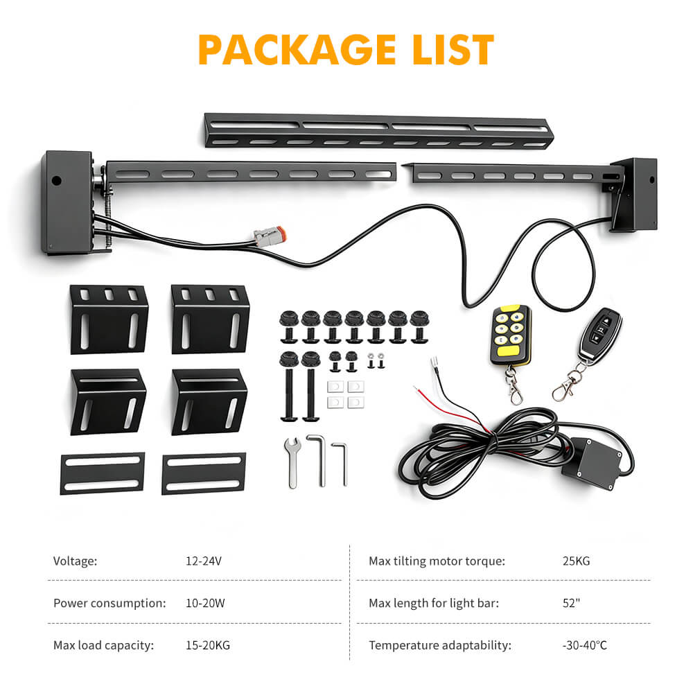 Package list of Motorized Flip Mount system on a white background