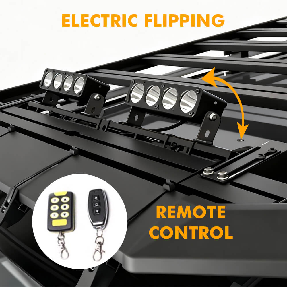 Black roof rack with electric flipping feature and remote control illustration