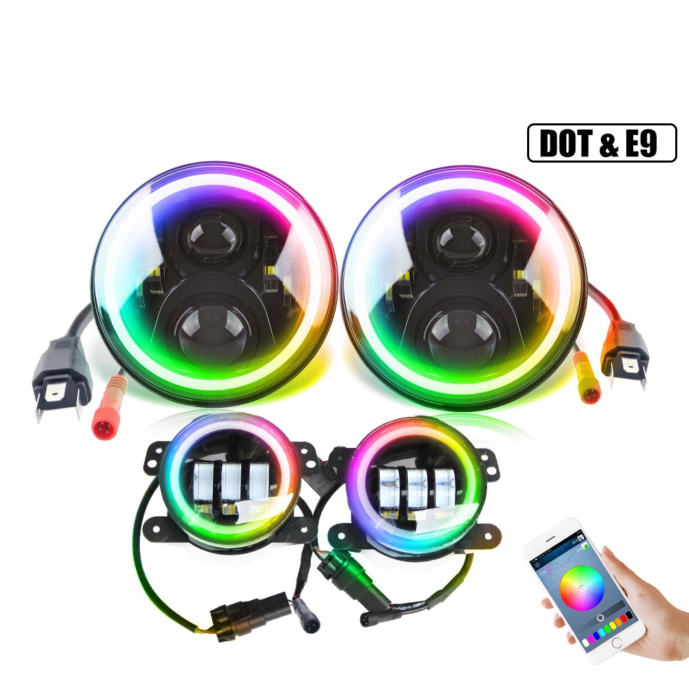 RGB Color Chase Halo LED Headlamp With Fog Lights Kit (Set/2pcs)