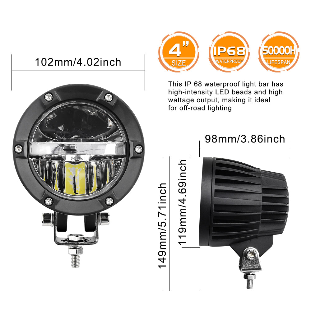 Size details of 4 Inch 50W Hi-Lo Beam Round Driving Light