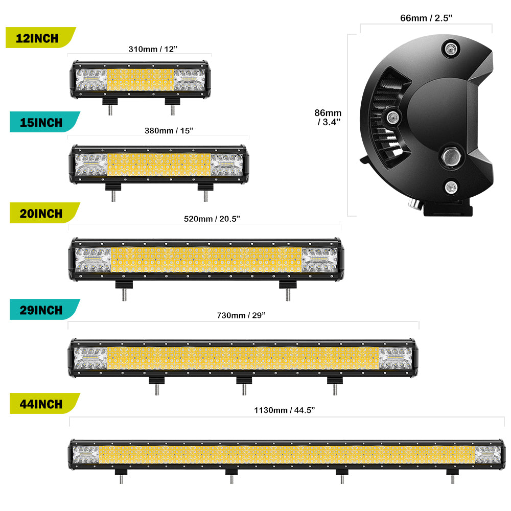 T43 Series 12-44 Inch Quad-Row Combo Beam Bottom Bracket LED Light Bars