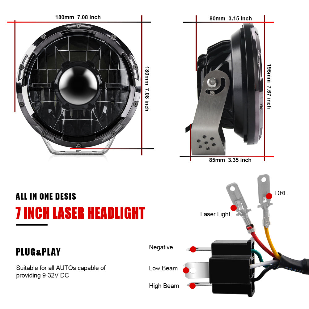 Size of 7 inch COLIGHT High Low Beam DRL Laser Headlight
