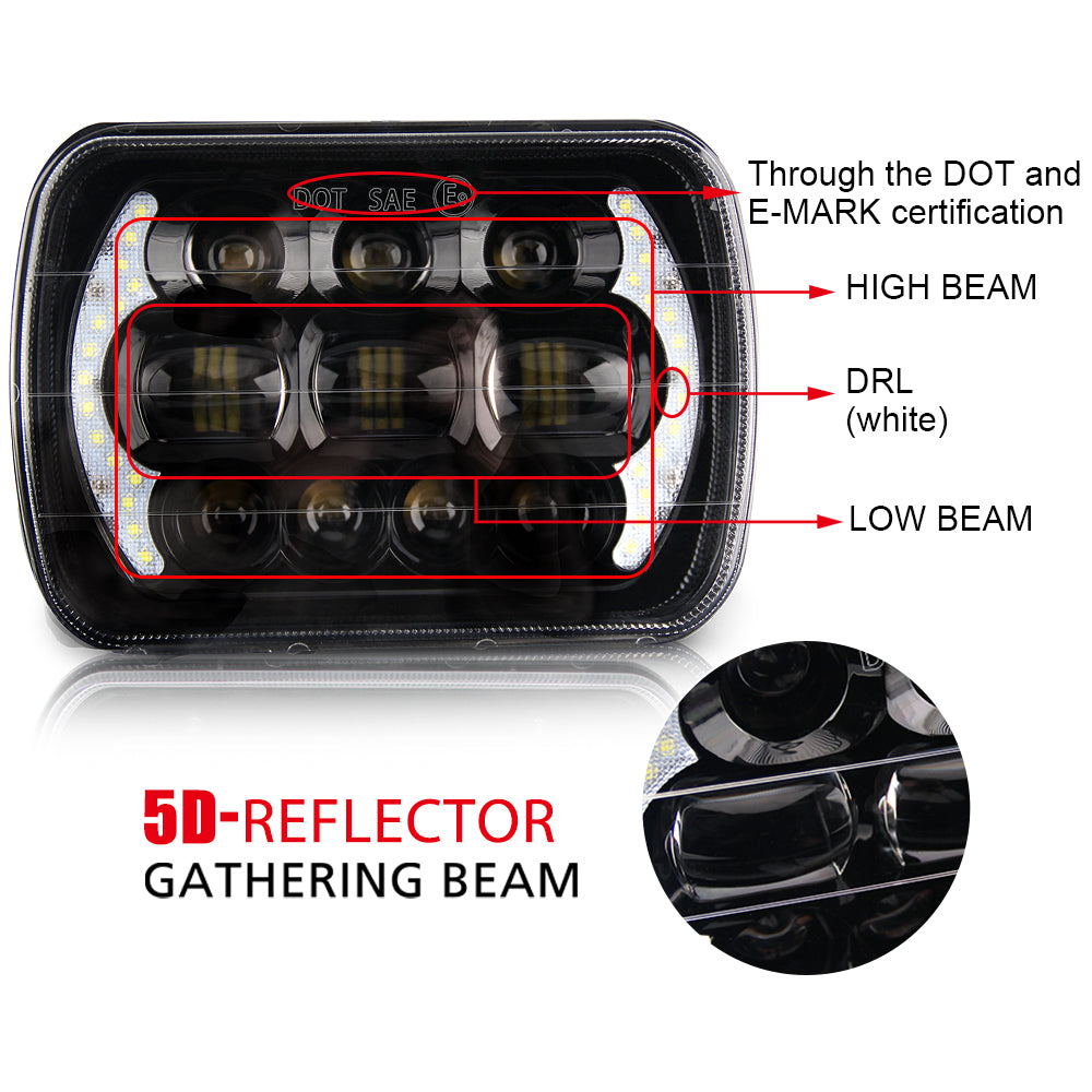CO LIGHT 5x7 Inch Rectangular Dual Beam Headlights - 5D Lens/Sides DRL (Kit/2pcs)