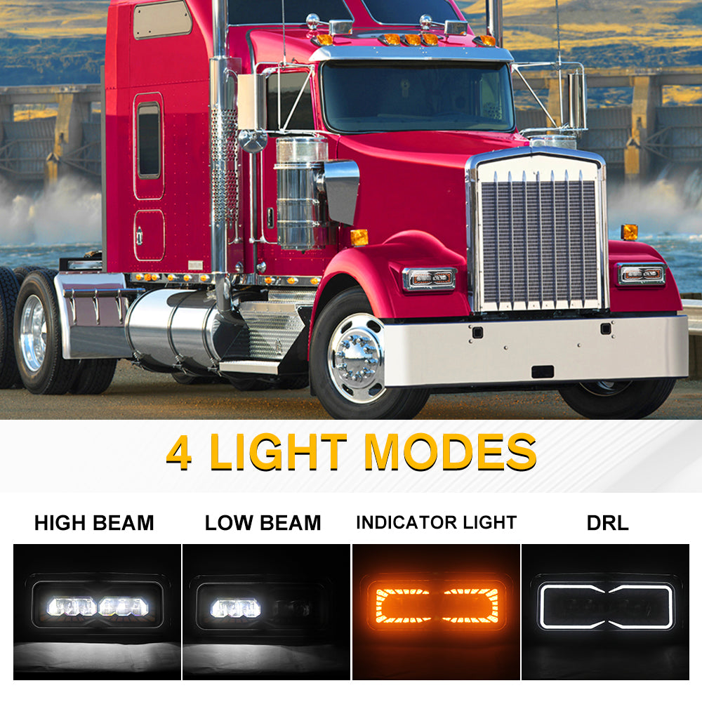 Universal Semi-Truck Led Projector Headlight Assembly For Peterbilt 379, 378, 365, & 357 Kenworth W900, T800, T600 Freightliner Classic trucks