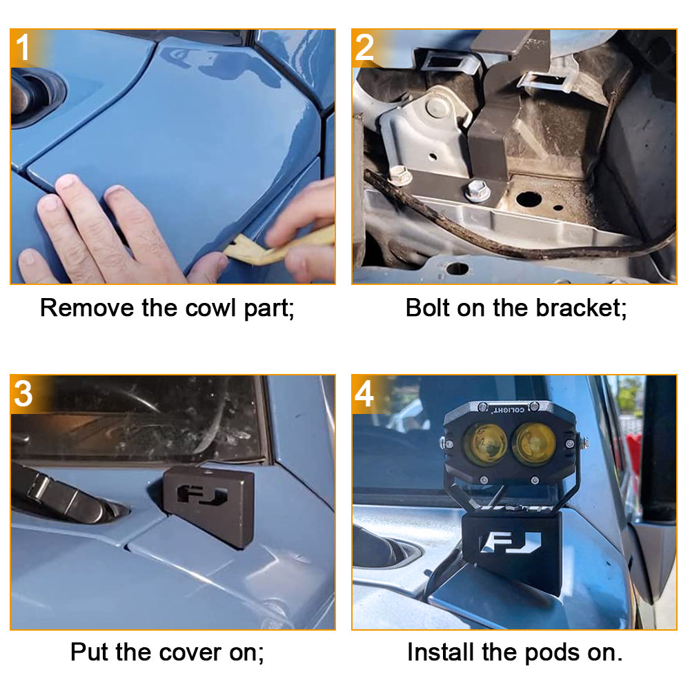 The installation of Ditch Light Hood Mounting Brackets For 2007-2016 Toyota Fj Cruiser 