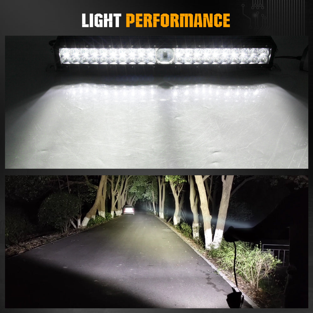Outdoor light show of CO LIGHT 22 Inch Dual Row Offroad Laser Light Bars