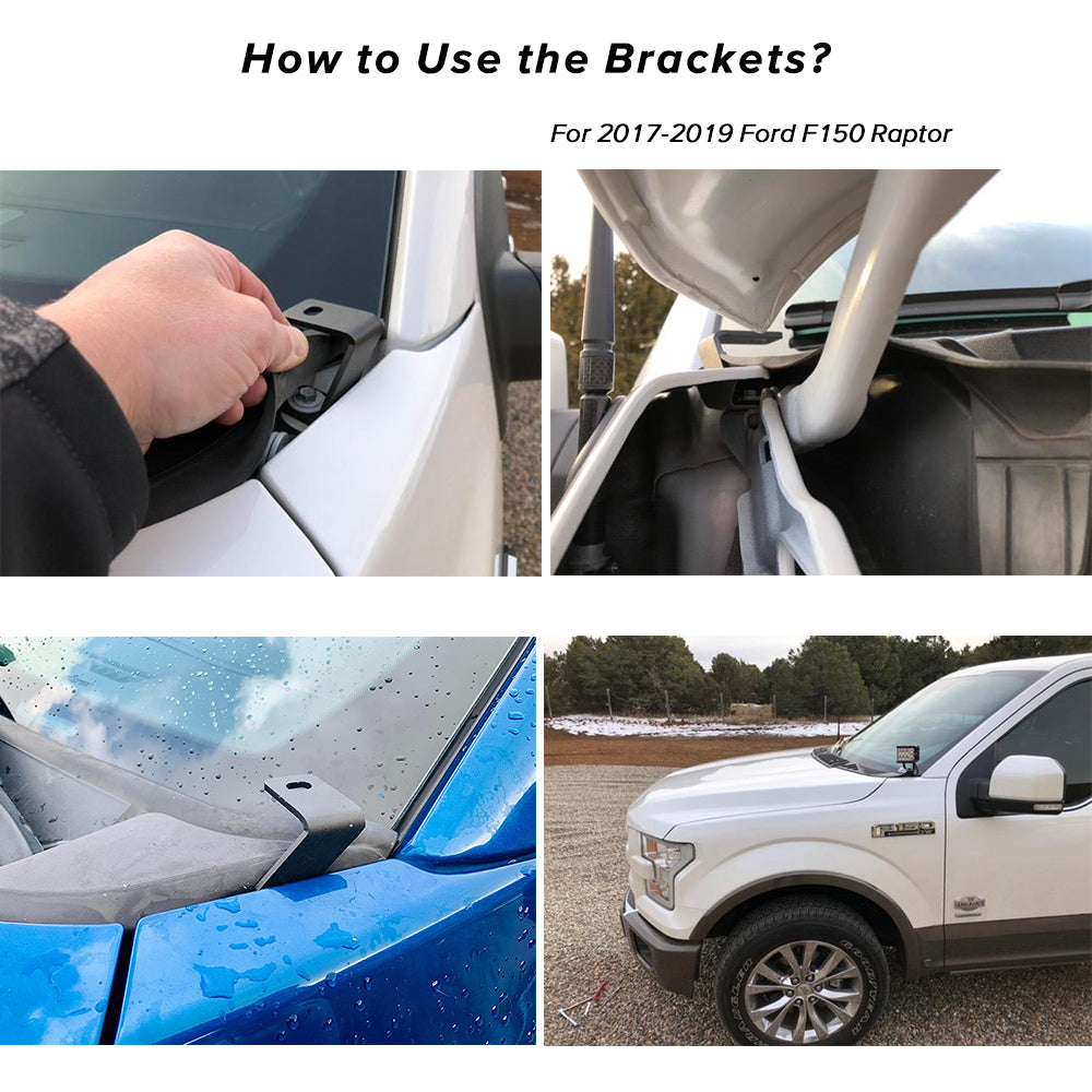 How to mount the work lights on 2017-2019 Ford F150 Raptor with A-pillar Hood Mounting Brackets