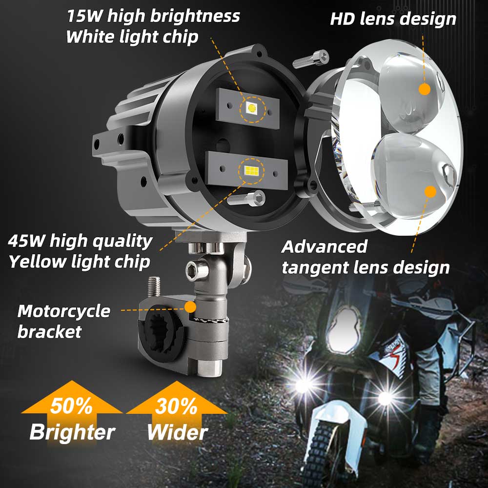 COLIGHT 3 Inch DB-P Series Dual Beam Yellow&White Motorcycle Lights With Harness Switch(Set/2pcs)