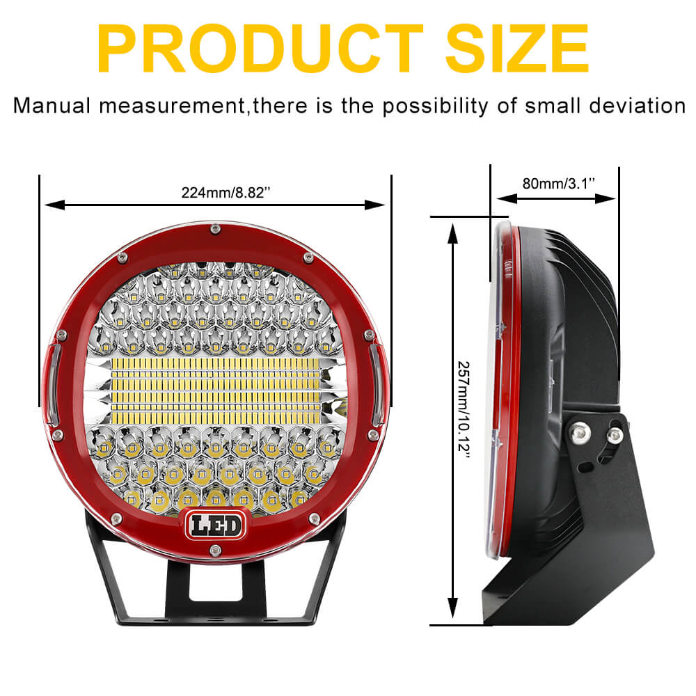 COLIGHT 9 Inch 256W Round Red White Combo Beam LED Driving Light product size