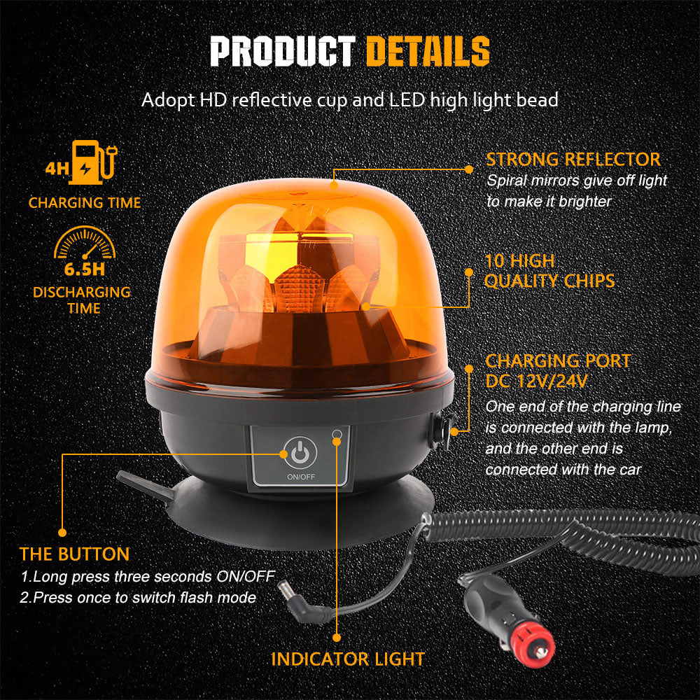 Portable Amber Flashing Beacon Light With Rechargeable Wireless and Magnetic Base