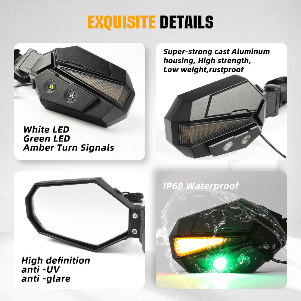 UTV Side View Mirrors With Amber Turn Signal Lights For 1.5-2 inch Rol
